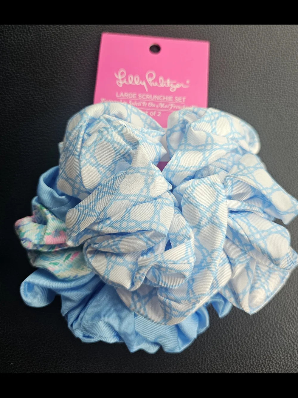 Lilly Pulitzer Blue and White Floral-Style Scrunchie with Pink Leaf Luggage Tag